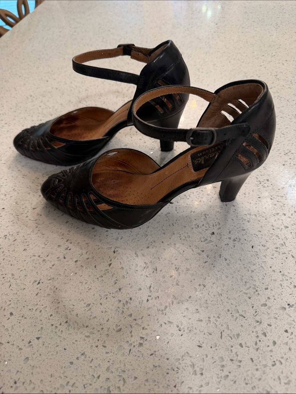 Clarks Black Leather Ankle-Strap Cutout Heels - Picture 2 of 6
